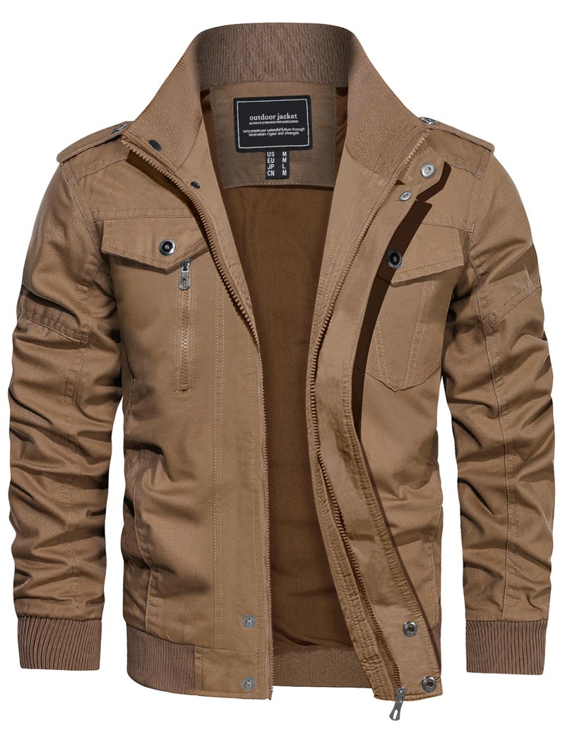 CRYSULLY Men's Cotton Lightweight Multi Pockets Zip Front Stand Collar Military Jackets Windbreaker - Image 1